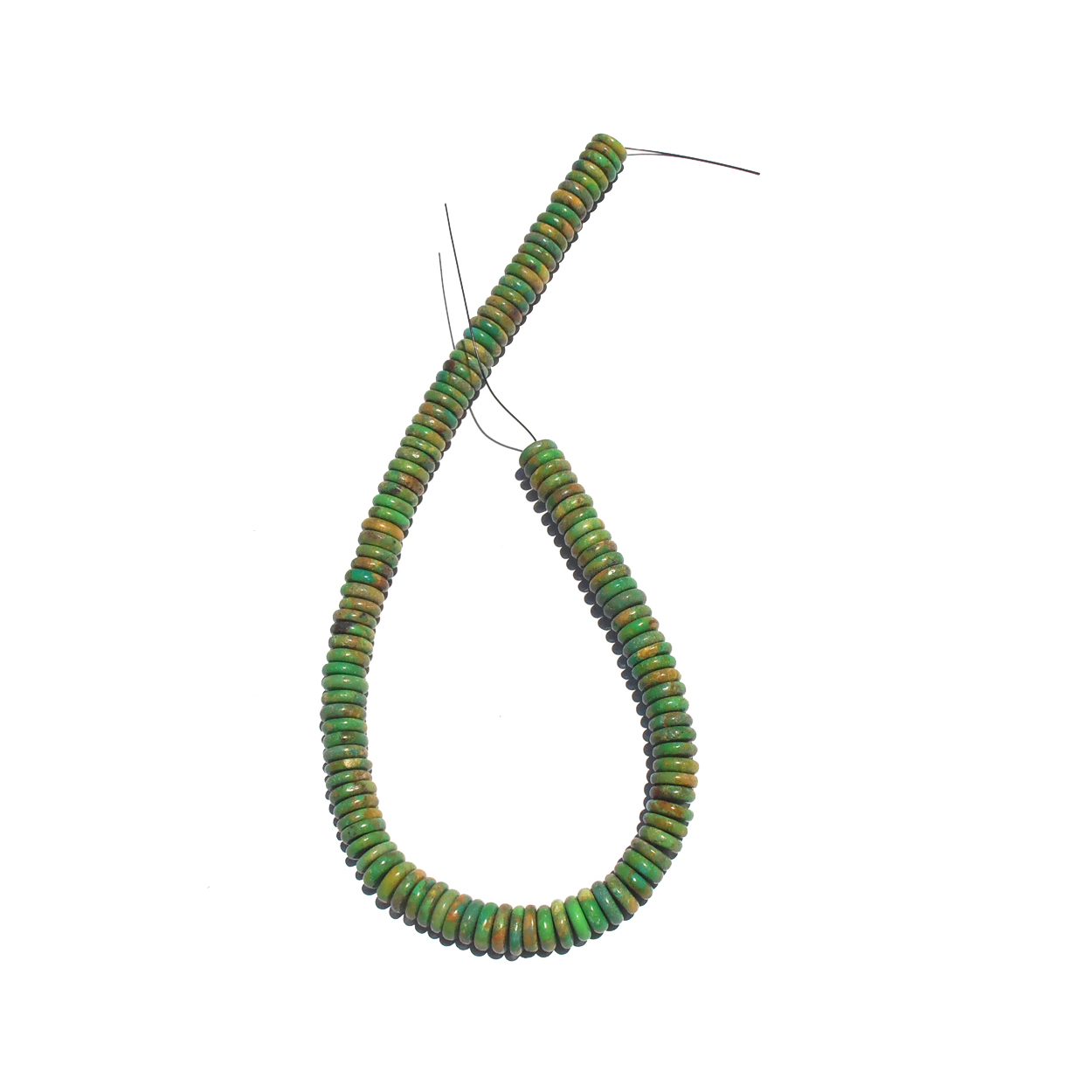 American mined and processed green Turquoise from the Carico Valley Mine. Loose strung disc shaped beads. $695.-USD per strand.
