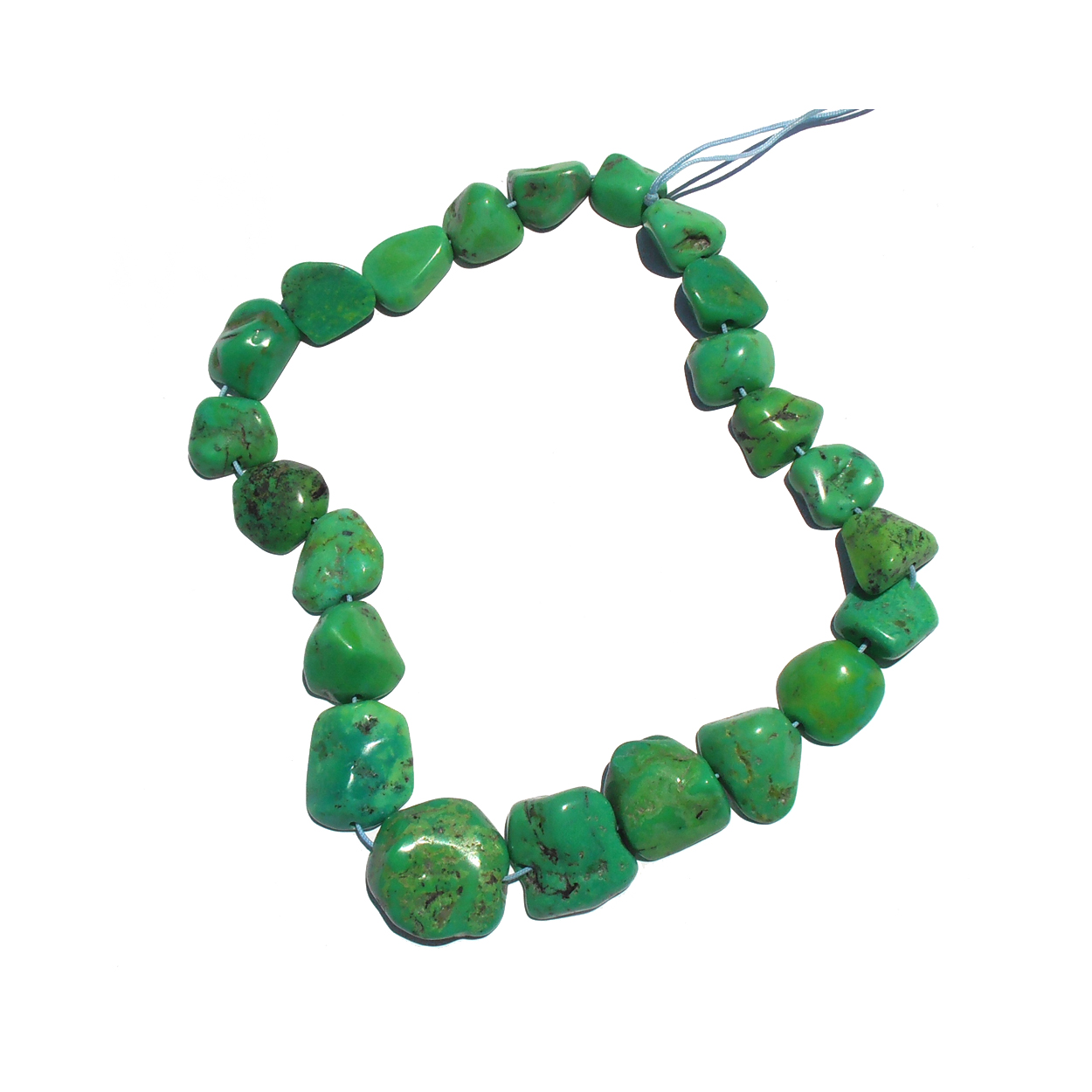 Irregular graduated nuggets of natural green Carico Valley Turquoise. American mined and processed. Loose-strung. $1,250.-USD