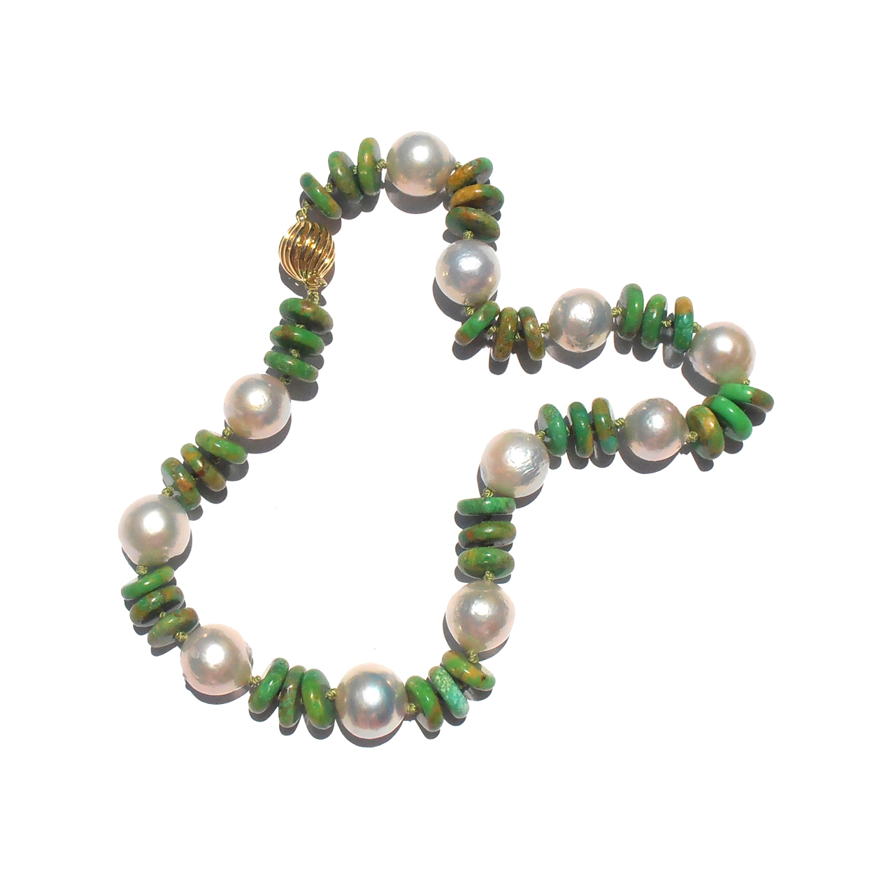 Green & White: Green Carico Valley Turquoise & Large Cultured Freshwater Pearls