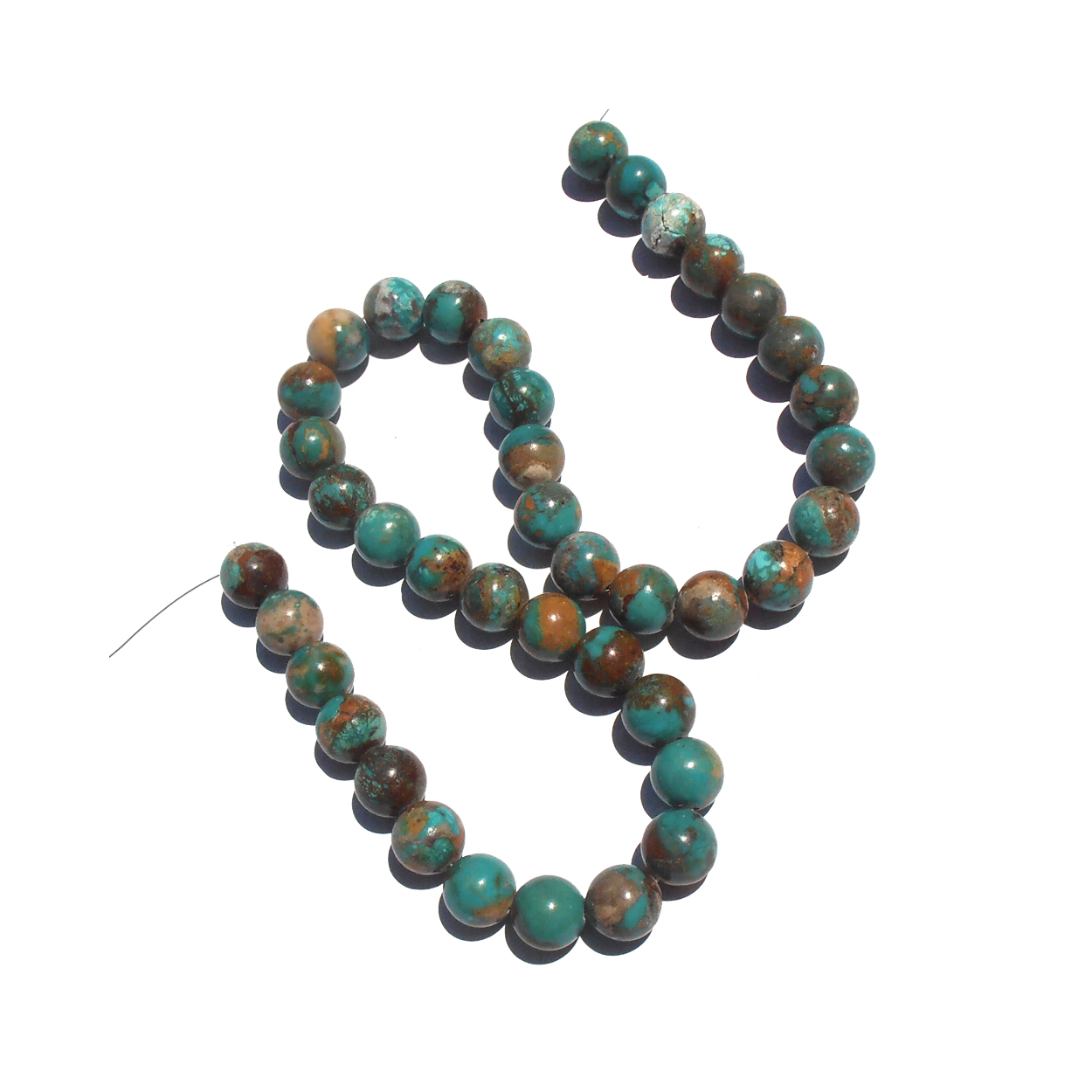 All natural American processed loose-strung 16" strand of "teal" 10mm round Royston Turquoise Beads. Green with brown matrix. $410.-USD